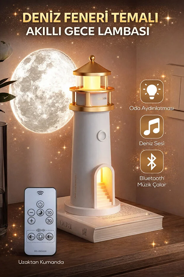 Deniz Feneri Temalı Akıllı Gece Lambası Bluetooth Bağlantısı, Deniz Sesi, Dekoratif Lamba